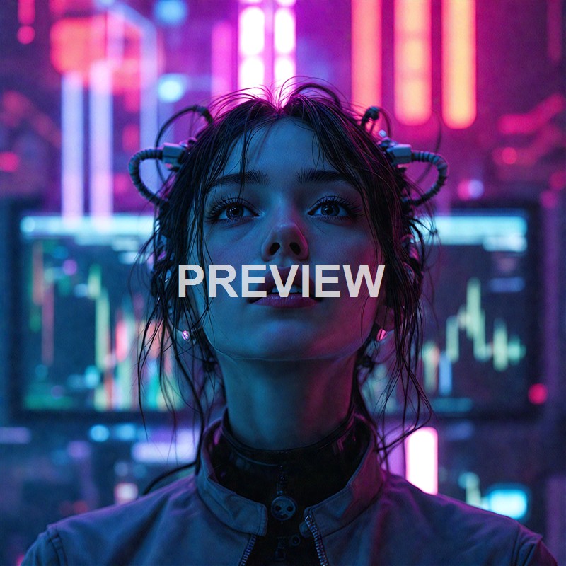 A young woman with wet hair and cybernetic implants on her head gazes upward in a neon-lit, futuristic cityscape with digital screens and charts in the background.